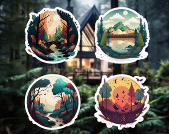 Tranquil Nature Scenes - Paquete de 4 pegatinas de vinilo impermeables de 2 pulgadas con diseños de bosques, lagos y montañas