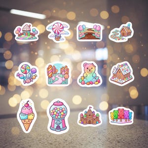 May include: A collection of colorful, whimsical stickers featuring candy and sweets. Designs include a cupcake, hot air balloon, candy river, gingerbread house, lollipops, candy trees, a rainbow teddy bear, ice cream cone, gumball machine, and a candy castle.