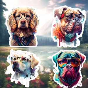May include: Four colorful dog stickers. Each dog wears glasses and has a unique style. One is a golden retriever with a tie, another is a bulldog with a red and orange scarf, a third is a yellow lab, and the last is a bulldog with sunglasses.