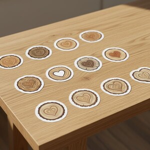 May include: A collection of heart-shaped stickers arranged on a wooden surface. The stickers feature a wood grain design with a heart shape in the center, in shades of brown and white. The stickers are round with a white border.