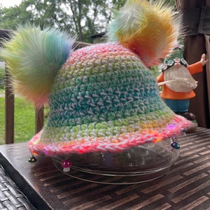 Rave-Ready Crochet Hat - LED Light Up Design With Fluffy Pom Pom Ears & Mushroom Charms