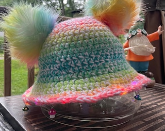 Rave-Ready Crochet Hat - LED Light Up Design With Fluffy Pom Pom Ears & Mushroom Charms