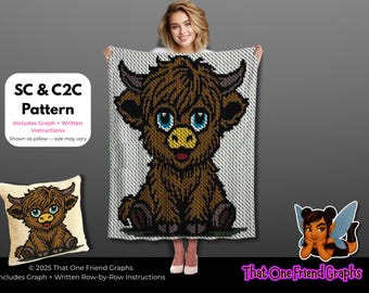 SC & C2C Crochet Graph Pattern, Baby Highland Cow Blanket Graph, Cute Farm Animal Crochet Pattern for Nursery Decor