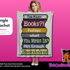 Schema grafico all'uncinetto singolo, coperta "Troppi libri", schema grafico all'uncinetto per amanti dei libri che leggono