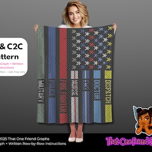 Wzór na szydełkowy wykres SC i C2C, koc z flagą wspierającą wszystkie linie, szydełkowy wykres dla pielęgniarki, straży pożarnej i dyspozytora pogotowia ratunkowego