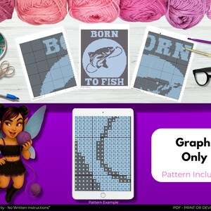 Crochet Graph Pattern, Born to Fish Blanket Graph, Lake Life Fishing Graphgan image 2