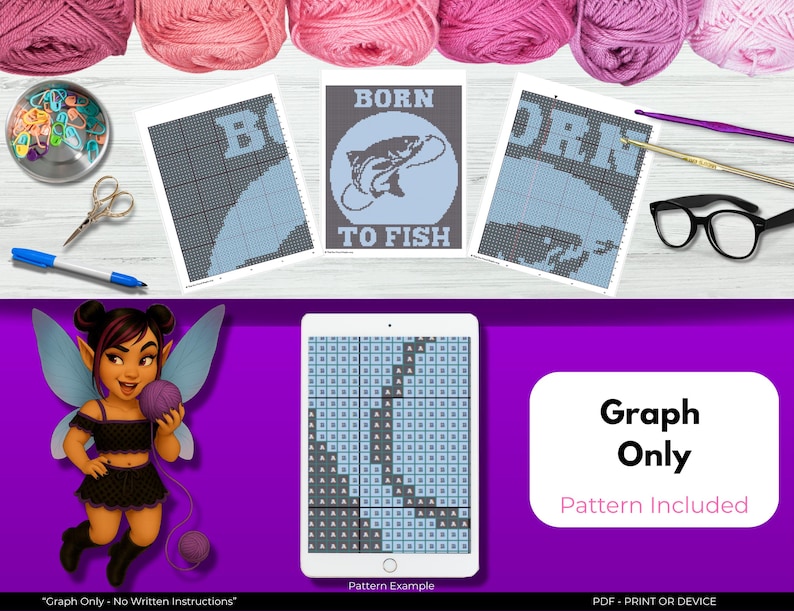Crochet Graph Pattern, Born to Fish Blanket Graph, Lake Life Fishing Graphgan image 2