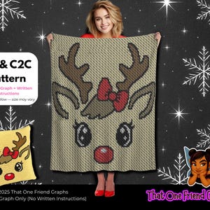 Patrón gráfico de crochet navideño SC & C2C, manta con cara de reno bebé, lindo reno navideño de crochet Graphgan