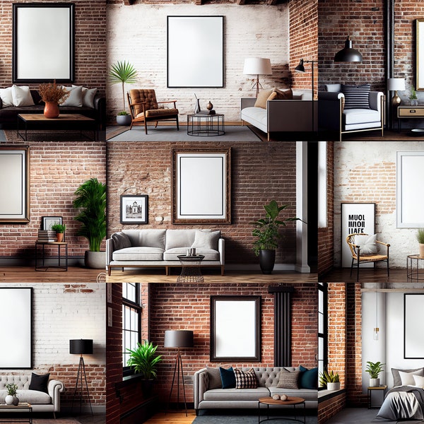 Industrial themed brick mockups 9x | Wall frame mockups | Mockup bundle | Stylish mockup | Colorful mockups | Home interior bundle