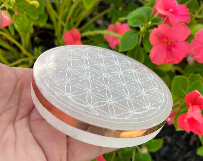 Copper-Infused Selenite Charging Plate (4"): Flower of Life Crystal Grid