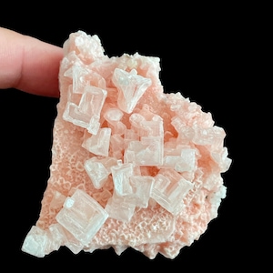 Puede incluir: Primer plano de un espécimen mineral rosa con cristales cúbicos translúcidos. Los cristales están agrupados sobre una base rosa claro texturizada. El fondo es negro liso.