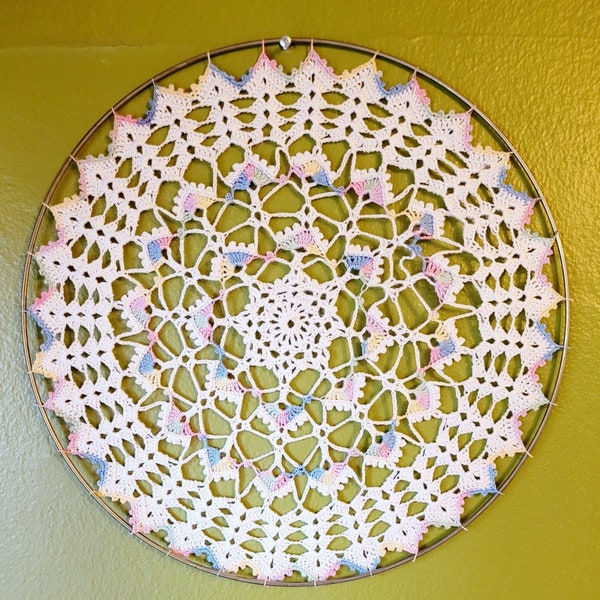 LG VTG Handmade Hanging Doilie Mandala On Brass Hoop Pastel Shabby Chic 16" OOAK Grandmacore Lace Hand Stretched