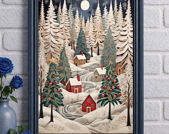 Christmas Folk Art Print | Snowy Village Winter Poster