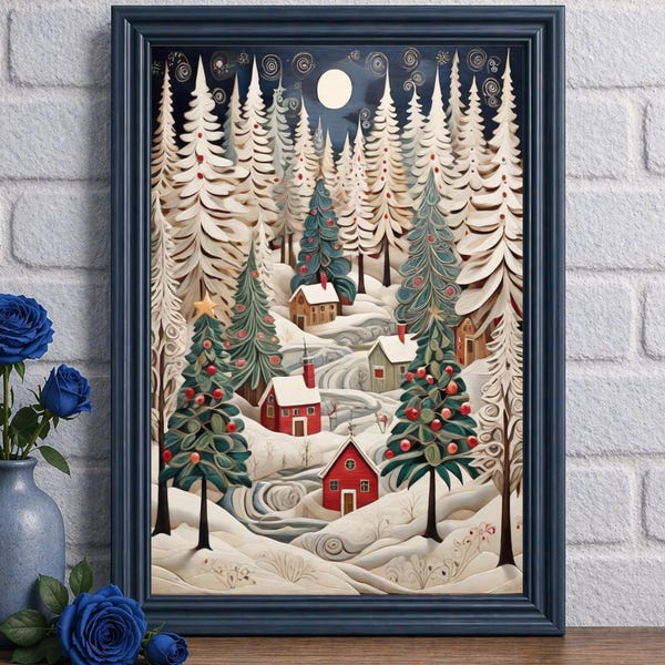 Christmas Folk Art Print | Snowy Village Winter Poster
