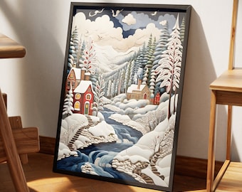 Framed Christmas Forest Folk Art Matte Poster | Winter Painting Art Print, Xmas Holiday Decor, Christmas Winter Wall Art, Holiday Artwork,