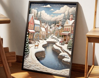 Framed Christmas Town Folk Art Matte Poster | Winter Painting Art Print, Xmas Holiday Decor, Christmas Winter Wall Art, Holiday Artwork,