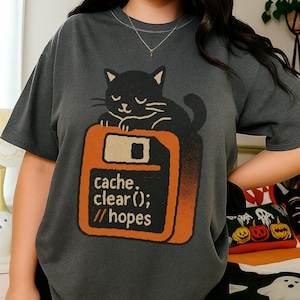 Cache Clear Hopes Cartoon Tee | Halloween Programmer Humor T-Shirt, Geek Code Pun Top, Cat Disk Shirt, Coder Gift, Spooky Autumn Shirt