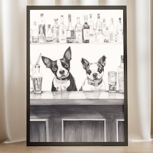 May include: A black and white drawing of two Boston Terriers sitting at a bar counter. The dogs are looking at the viewer. There are bottles of liquor on a shelf behind the dogs.