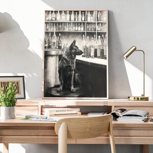 Black German Shepherd Bar Art Print: A charming addition to any dog lover's home bar. Black and white sketch artwork perfect for beer enthusiasts.