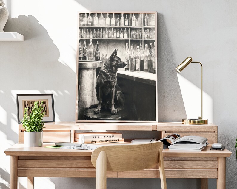 Black German Shepherd Bar Art Print: A charming addition to any dog lover's home bar. Black and white sketch artwork perfect for beer enthusiasts.