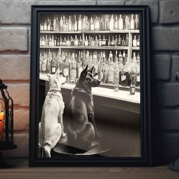 Black German Shepherd Bar Art Print | Dog Bar Cart Wall Art, Beer & Animal Sketch Artwork, Black and White Alcohol Decor, Dog Lover Poster