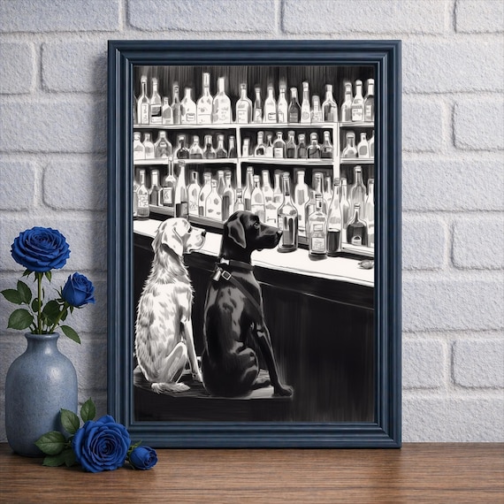 Two Dogs Bar Art Print | Monochrome Pub Wall Decor