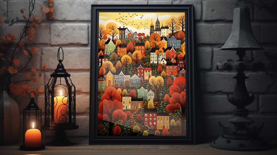 Thanksgiving Town Folk Art Poster, Fall Folk Art Print, Autumn ...