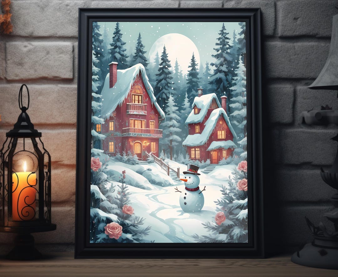 Snowy Cabin Folk Art Print | Winter Forest Wall Art, Cozy Snowman Scene ...