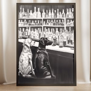 Dog At The Bar Inked Sketch Style Poster - Bar Cart Art Print, Beer Artwork, Alcohol Decor, Monochrome Home, Ink Drawing, Gift for Dog Lover