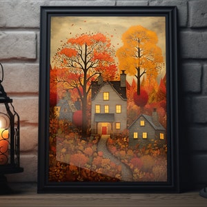 Vintage Thanksgiving Home Folk Art Poster, Fall Folk Art Print, Autumn Thanksgiving Wall Art,