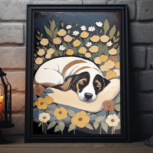 Dog Floral Painting Art Print | Cozy Canine Wall Art, Sleeping Dog with Flowers Decor, Pet Artwork for Home, Animal Nature Poster