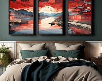 3 Piece Chinese New Year Matte Wall Art | Lunar New Year Artwork, Year Of The Dragon Print, Chinese Lakeview Art, Spring Festival Decor,