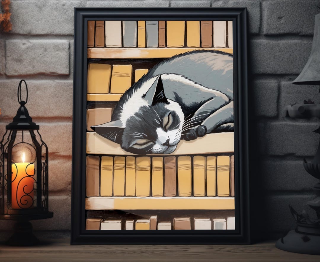 Sleeping Cat Bookshelf Art Print Cozy Feline Illustration Wall Art, Cat