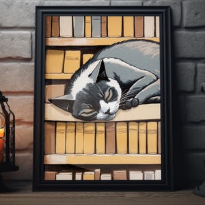 Sleeping Cat Bookshelf Art Print | Cozy Feline Illustration Wall Art, Cat Lover Decor, Book Lover Artwork, Cute Animal Poster Print