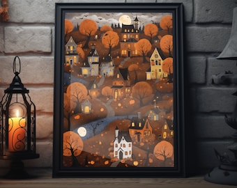 May include: A framed Halloween-themed print depicts a village scene with houses, trees, and a full moon. The artwork features a color palette of orange, brown, and gray, with illuminated windows and pumpkins. The print is displayed on a wooden surface.