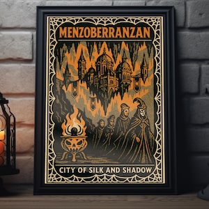 May include: Framed art print featuring a fantasy city scene in orange and black. The print reads "MENZOBERRANZAN" at the top and "CITY OF SILK AND SHADOW" at the bottom. The artwork depicts a city with tall spires and figures in cloaks.