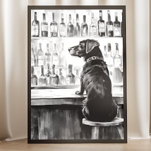 May include: A black and white illustration of a dog sitting at a bar counter with a row of bottles behind it. The dog is looking to the left, and the bottles are arranged in a row on a shelf behind the counter.