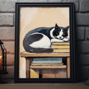 Vintage Style Cat and Books Art Print | Cozy Feline Wall Art, Cat Sleeping on Bookshelf Decor, Pet Artwork for Home, Animal Lover Poster