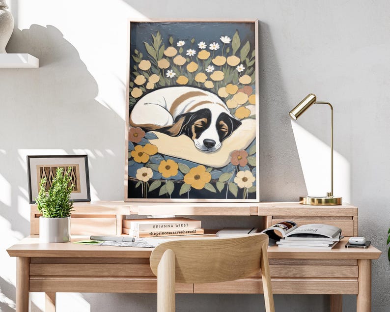 Dog Floral Painting Art Print Cozy Canine Wall Art, Sleeping Dog With