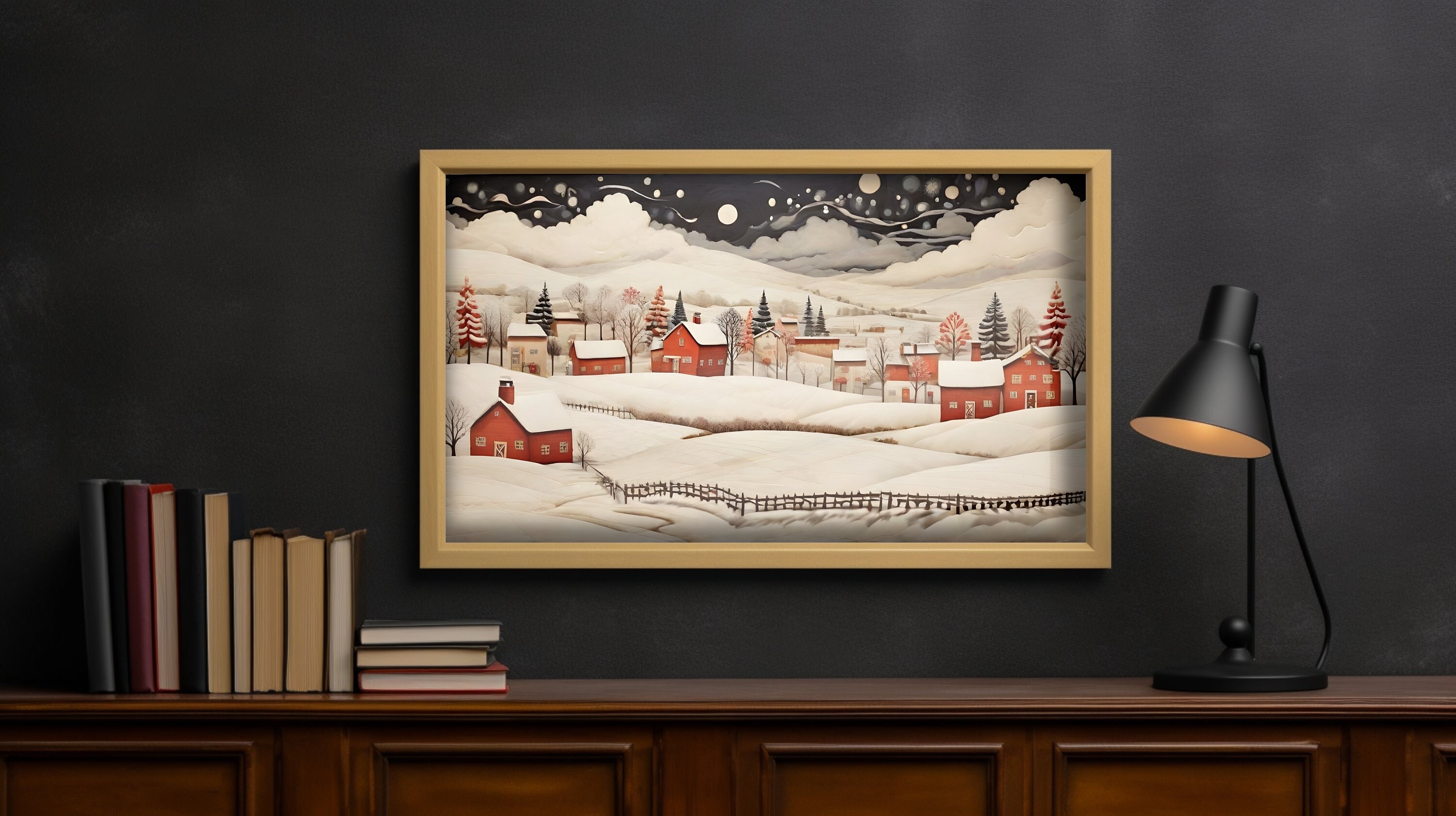 Christmas Folk Art Matte Poster | Landscape Winter Painting, Xmas Holiday Decor, Christmas Winter Wall Art, Holiday Artwork Print,
