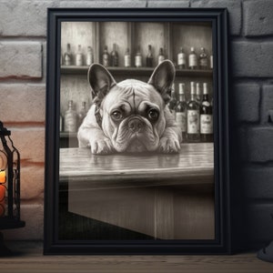 French Bulldog Bar Art Print | Dog Bar Cart Wall Art, Beer & Animal Sketch Artwork, Black and White Alcohol Decor, Dog Lover Poster