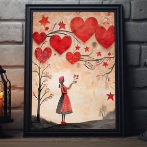 Valentine&#39;s Day Folk Art Matte Poster | Heart Painting Art Print, Valentines Decor, Valentine Wall Art, Valentine Artwork Gift For Her,