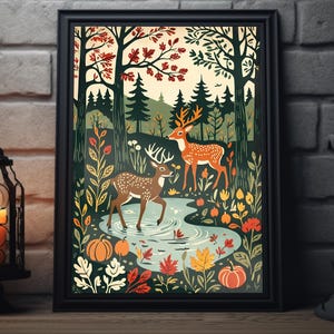 Fall Deer Woodcut Illustrative Art Print | Pumpkin Forest Wall Art, Fall Painting Artwork, Thanksgiving Decor For Home, Autumn Poster Print