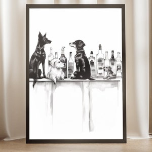 May include: A black and white illustration of four dogs sitting at a bar counter with bottles of liquor behind them. The dogs are all looking at each other. The illustration is done in a watercolor style.