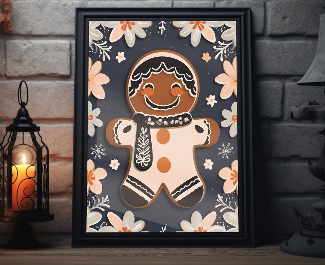 Christmas Gingerbread Man Boho Art Print Winter Painting Artwork ...