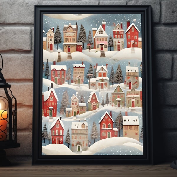 Folk Art Christmas Town Poster Print | Winter Painting Art Print, Xmas Holiday Decor, Christmas Winter Wall Art, Snowy Holiday Artwork,