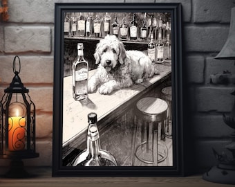 Golden Doodle Dog Bar Art Print | Dog Bar Cart Wall Art, Beer & Animal Sketch Artwork, Black and White Alcohol Decor, Dog Lover Poster