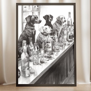 Dog at the Bar Inked Sketch Style Poster - Bar Cart Art Print, Beer Artwork, Bar Wall Decor, Gift for Dog Lover, Man Cave Decor
