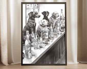 Puede incluir: Ilustración en blanco y negro de cuatro perros sentados en una barra de bar con botellas y vasos delante de ellos.