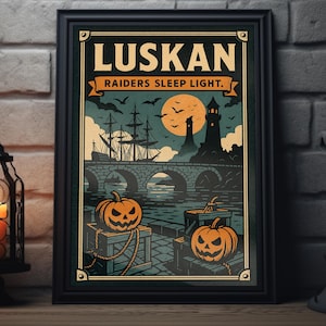 May include: Framed vintage-style poster with a Halloween theme. The artwork features a bridge, ship, lighthouse, and jack-o'-lanterns under a full moon. Text reads "Luskan Raiders Sleep Light." The poster is in a black frame.